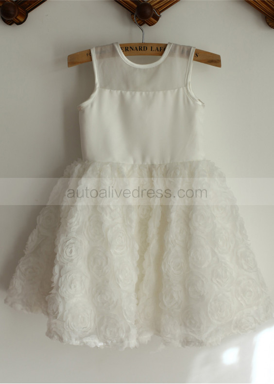 Sheer Neck Ivory Organza Rosette Short Flower Girl Dress